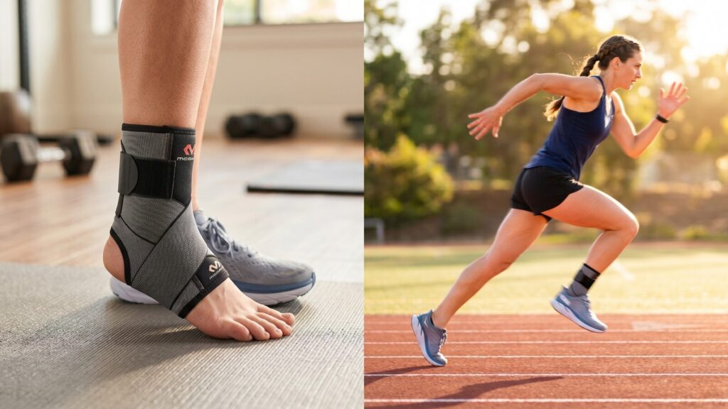 Split photo showing a runner's wrapped ankle resting on a floor transitioning into an active runner sprinting on an outdoor track, representing injury recovery and restored mobility.