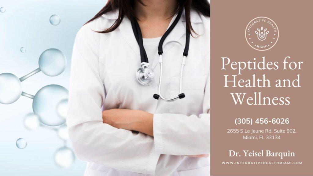 A woman in a white lab coat stands against a blue backdrop, representing peptide therapy for health and wellness.