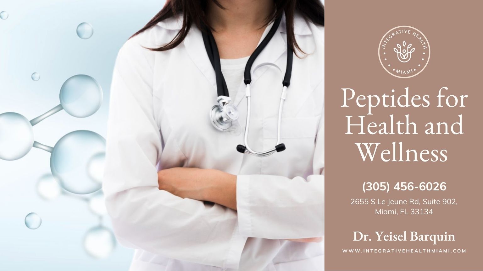 A woman in a white lab coat stands against a blue backdrop, representing peptide therapy for health and wellness.