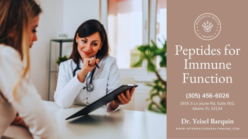 Peptides For Immune Function 3 A female doctor in a white coat with a stethoscope discusses a treatment plan with a patient in a modern medical office. Holding a clipboard, she smiles while explaining peptide therapy for immune support.