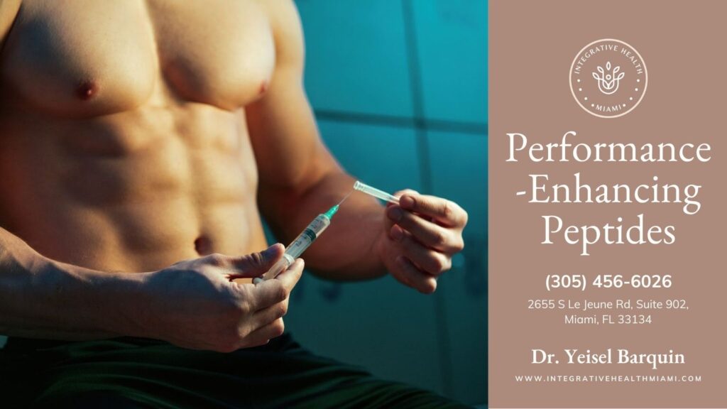 A man holds a syringe symbolizing peptide therapy in a fitness setting.