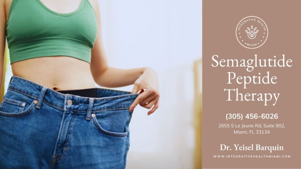 Visible weight loss from Semaglutide Peptide shown by woman in athletic wear holding out oversized jeans waistband.
