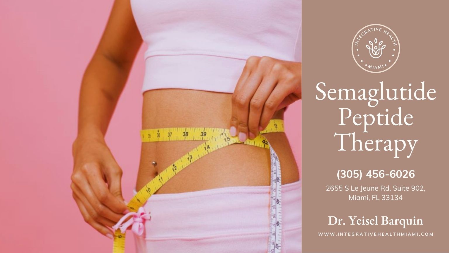 A woman measures her waist with a yellow tape measure, symbolizing weight management and fitness, dressed in a pink crop blouse and sweatpants against a solid pink background.