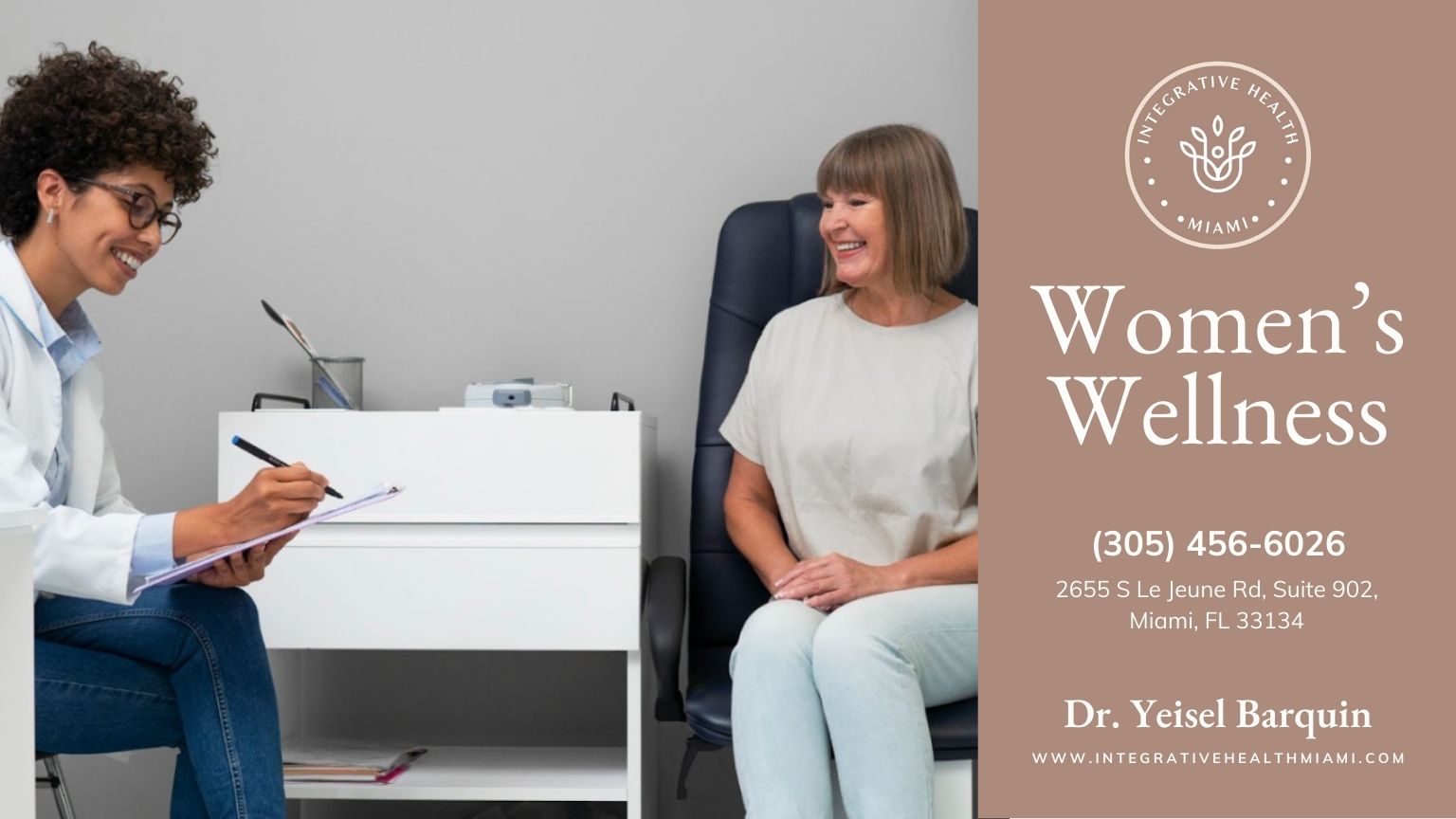 A woman smiles warmly at her doctor during a consultation, illustrating a positive experience in Women's Wellness.