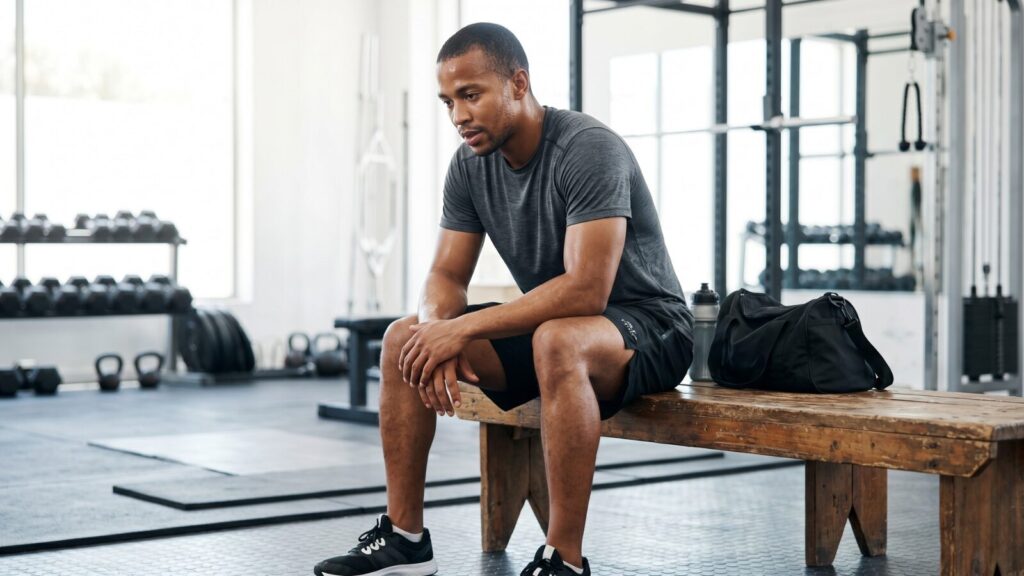 An athlete sitting on a gym bench resting after a workout, highlighting the concept of post-exercise muscle soreness and recovery.