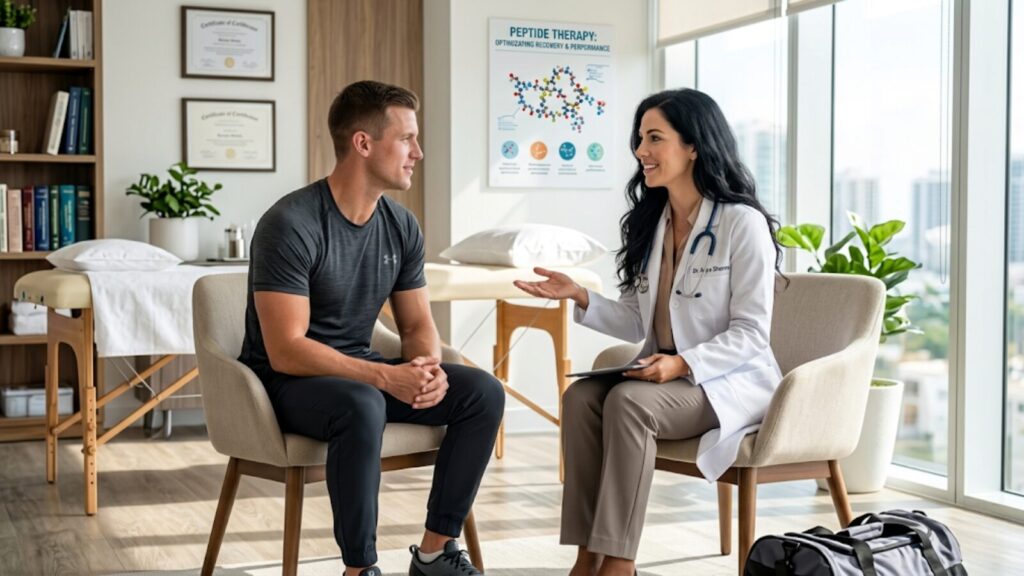 A professional medical consultation between an internal medicine doctor and a patient in a modern Miami healthcare clinic.