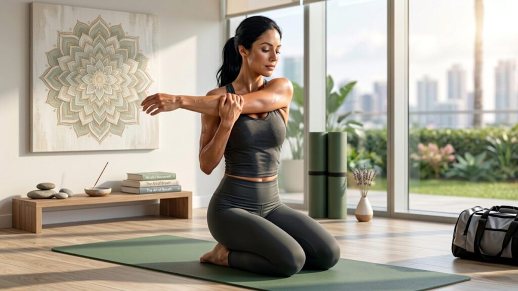 A female athlete stretching her muscles after a workout to promote natural tissue repair and recovery.