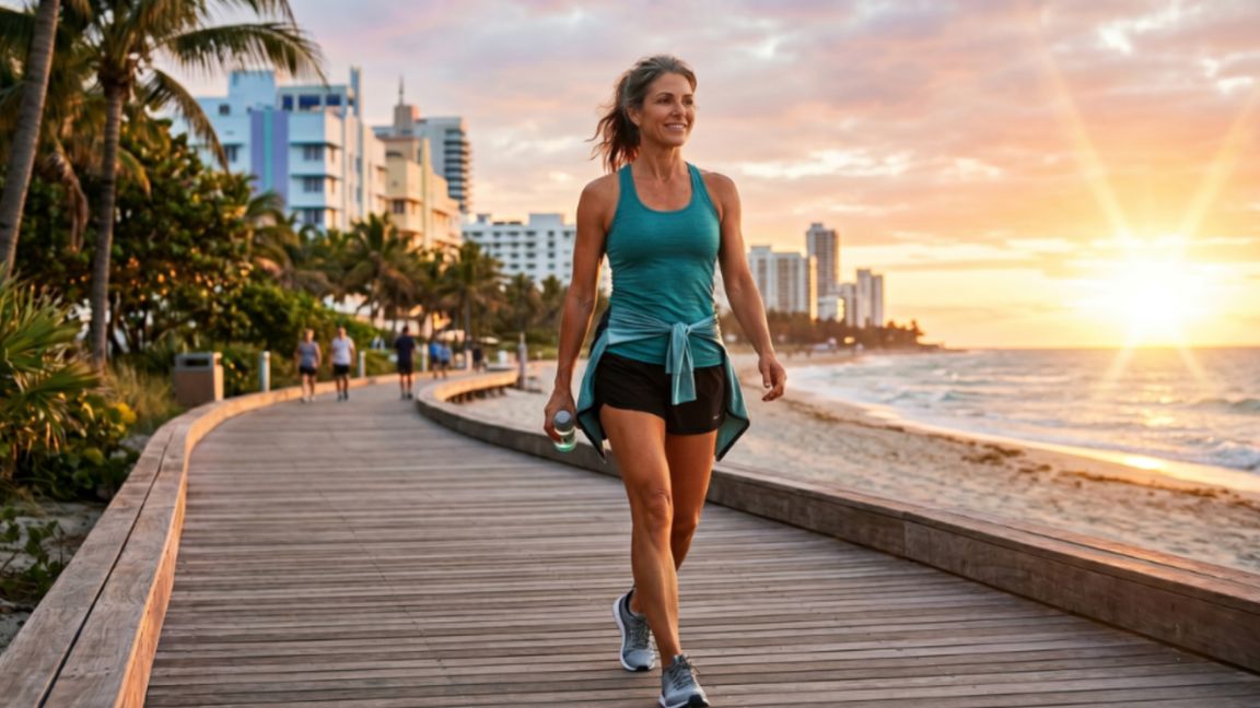 A healthy, energetic individual enjoying a vibrant lifestyle in Miami after receiving personalized wellness treatments.