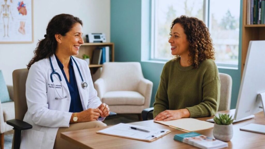 A female doctor discussing a personalized wellness plan with her patient in a modern medical office.